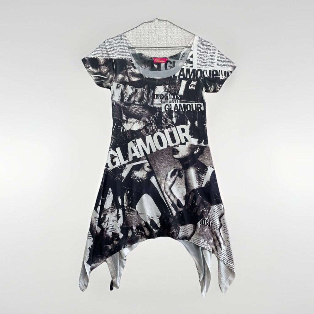 Y2K Just Divine Punk / Goth Newspaper AOP rhinestones Tunic Grunge Glamour Sz S